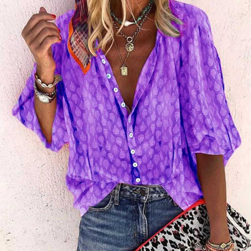 Damen Bluse Bedruckt Knopfleiste Freizeit