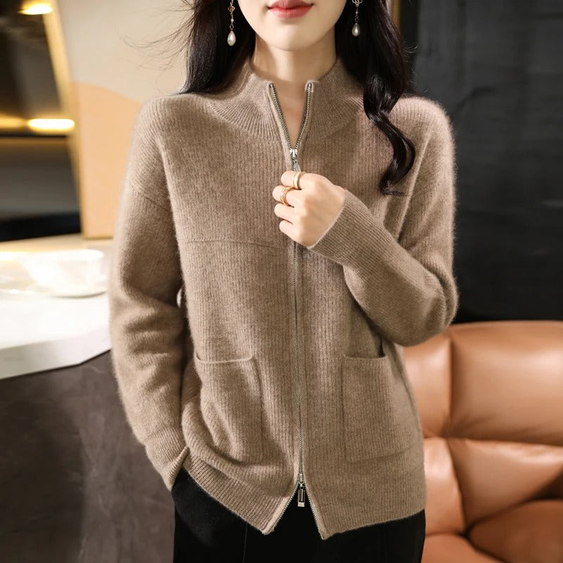 Norvielle Damen Strickjacke Wolle Reißverschluss Stehkragen