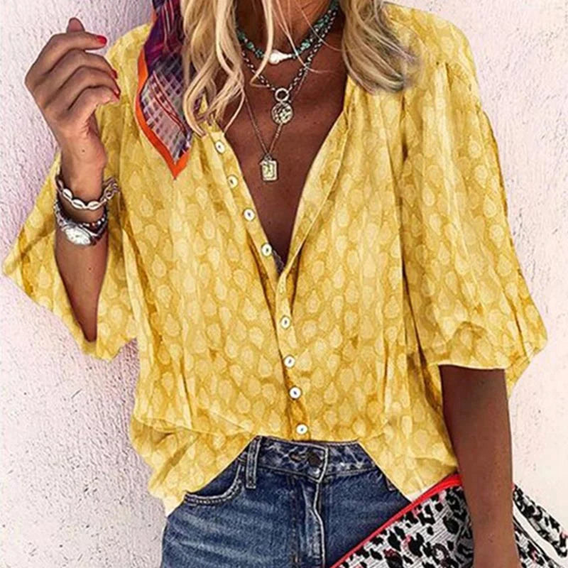 Damen Bluse Bedruckt Knopfleiste Freizeit