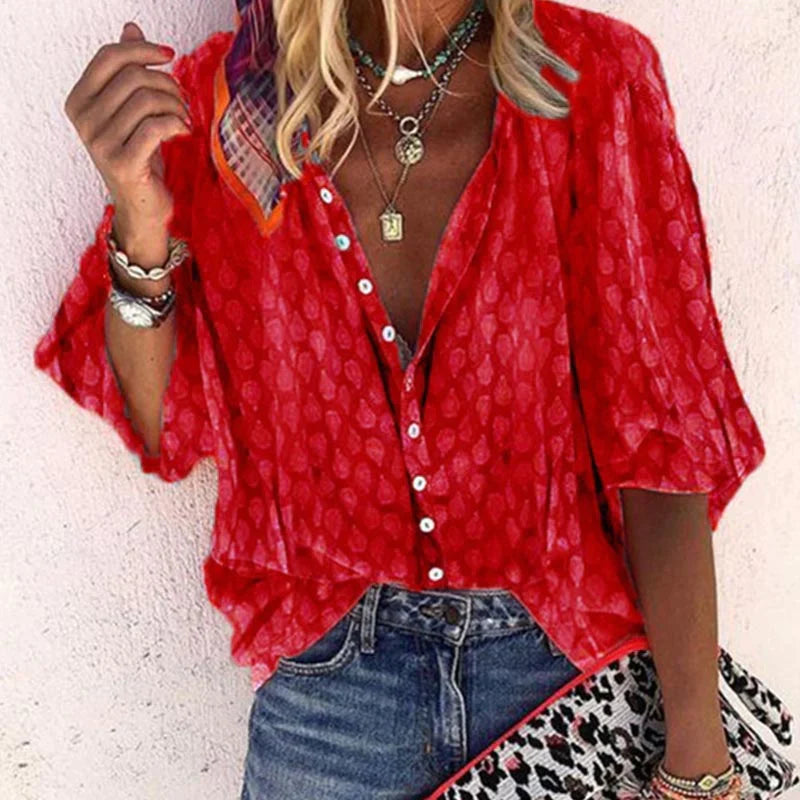 Damen Bluse Bedruckt Knopfleiste Freizeit