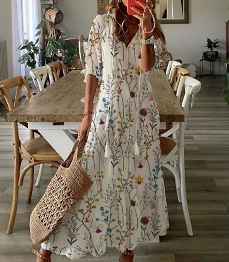 Damen Maxikleid Boho Print V-Ausschnitt Sommer Elegant