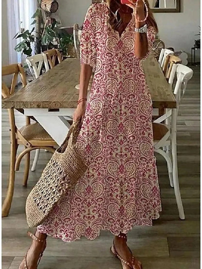 Damen Maxikleid Boho Print V-Ausschnitt Sommer Elegant
