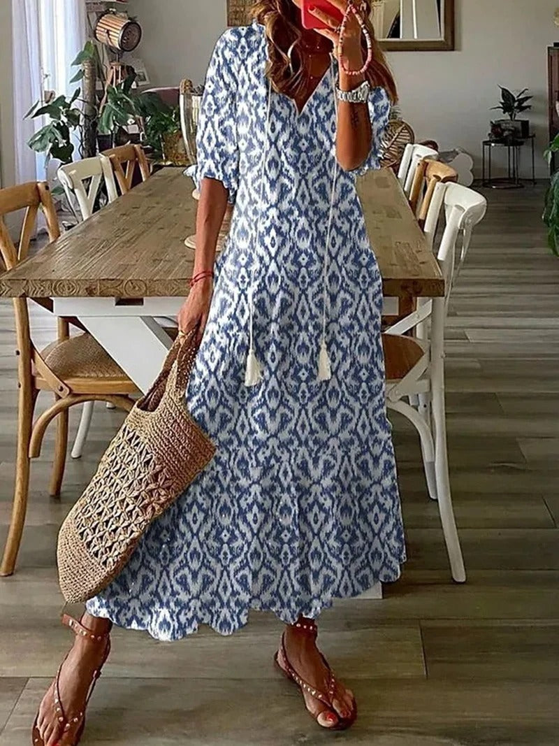 Damen Boho Sommerkleid Kurzarm V-Ausschnitt Maxi