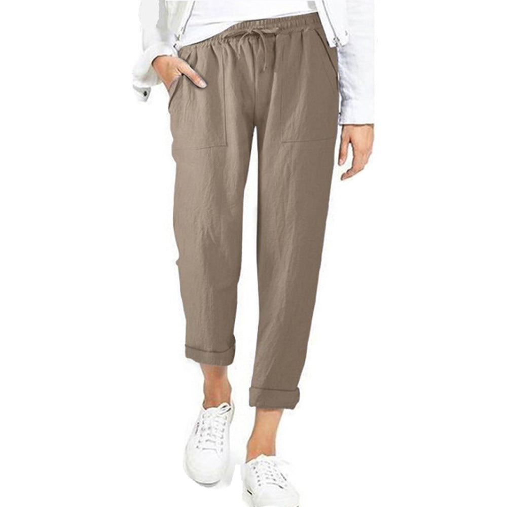 Damen Leinenhose Sommer Lässig Mit Kordelzug Beige