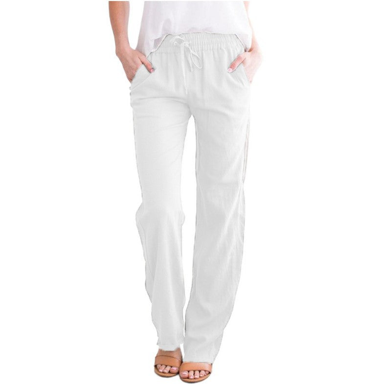 Damen Leinenhose Sommer Beige Mit Kordelzug