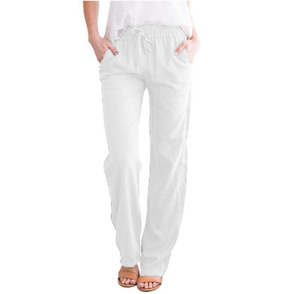Damen Leinenhose Sommer Beige Mit Kordelzug