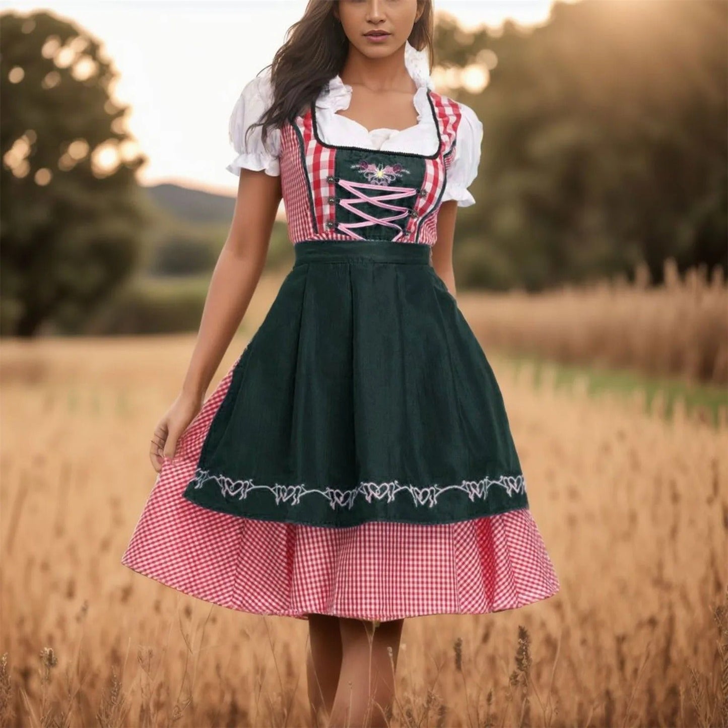 Norvielle Damen Dirndl Kariert Kurzärmelig - Norvielle