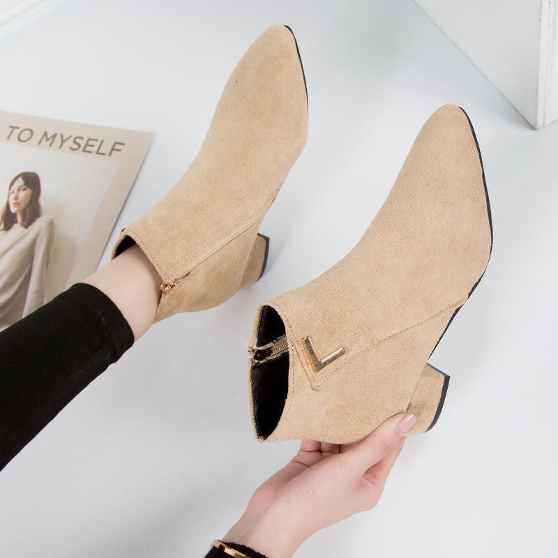 Damen Stiefeletten Wildlederoptik Spitzer Absatz Blockabsatz - Norvielle