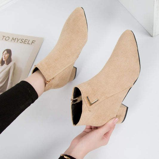 Damen Stiefeletten Wildlederoptik Spitzer Absatz Blockabsatz - Norvielle