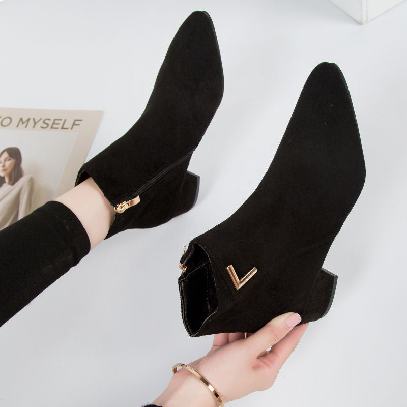Damen Stiefeletten Wildlederoptik Spitzer Absatz Blockabsatz