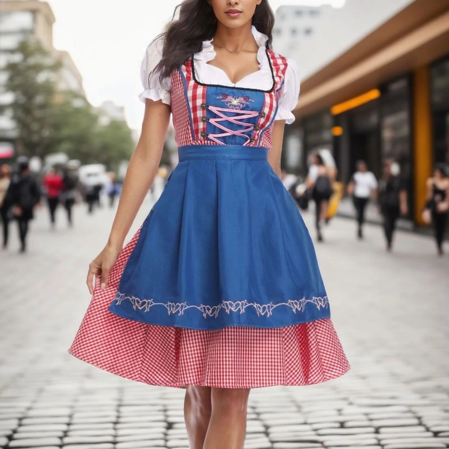 Norvielle Damen Dirndl Kariert Kurzärmelig