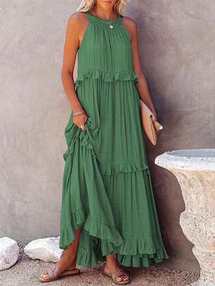 Damen Maxikleid Neckholder Stufenrüschen Einfarbig Elegant - Norvielle