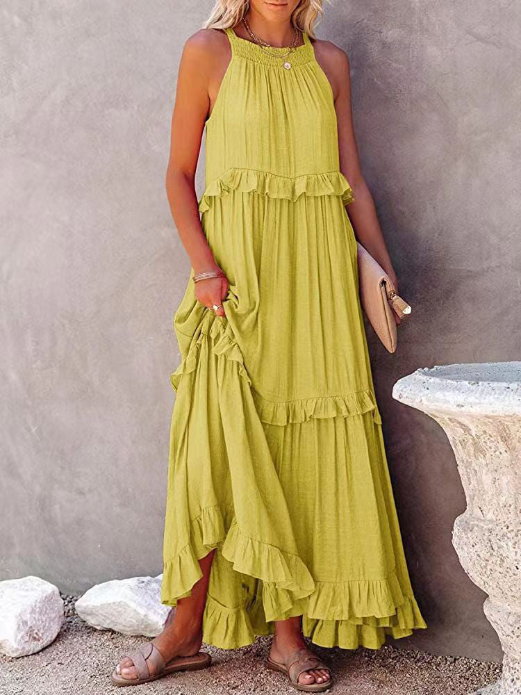 Damen Maxikleid Neckholder Stufenrüschen Einfarbig Elegant