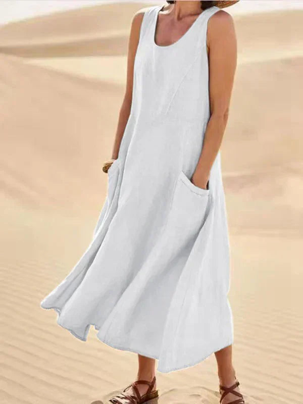 Damen Maxikleid Leinen Ärmellos Sommerkleid Beige