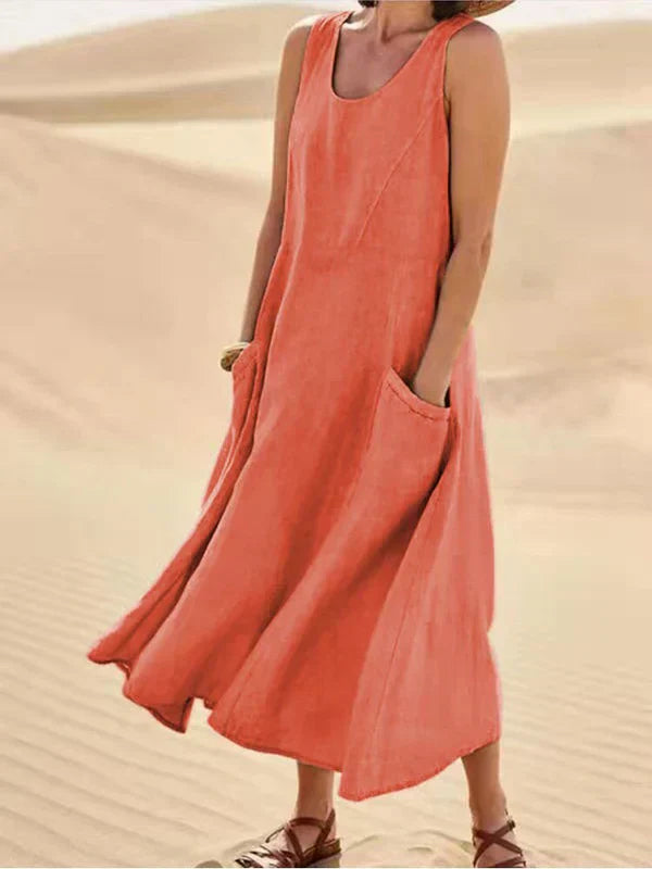 Damen Maxikleid Leinen Ärmellos Sommerkleid Beige