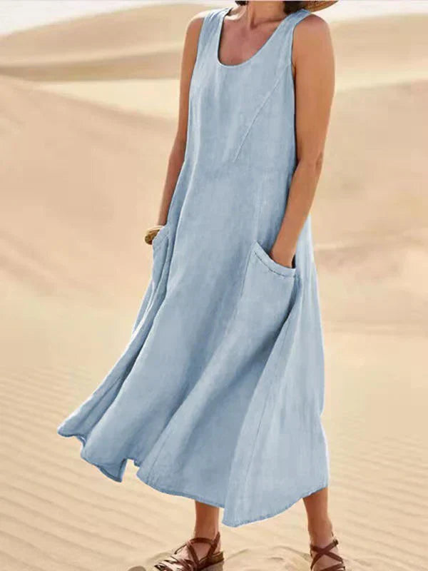 Damen Maxikleid Leinen Ärmellos Sommerkleid Beige
