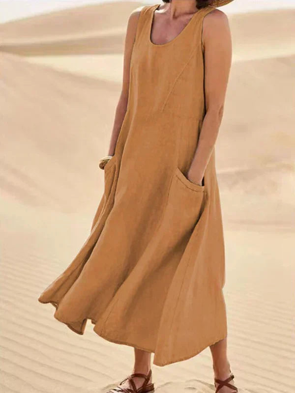 Damen Maxikleid Leinen Ärmellos Sommerkleid Beige