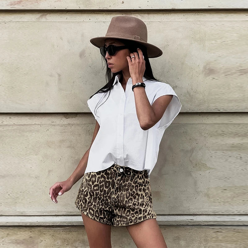 Norvielle Damen Leopard Denim Shorts