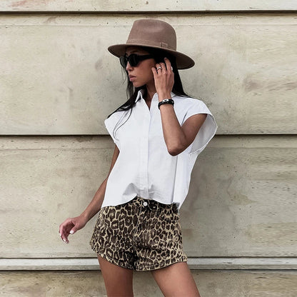 Norvielle Damen Leopard Denim Shorts