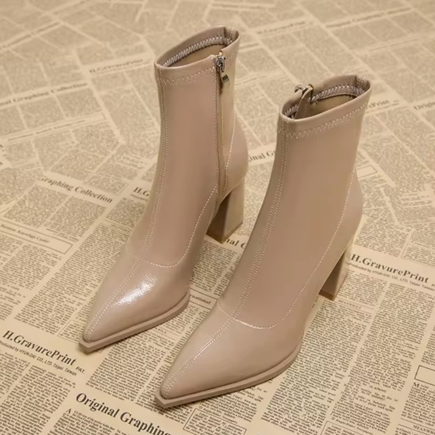 Damen Stiefeletten Echtes Leder Spitz Zehen Blockabsatz