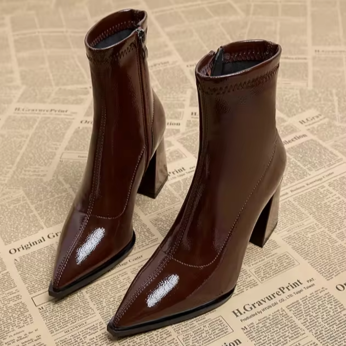Damen Stiefeletten Echtes Leder Spitz Zehen Blockabsatz
