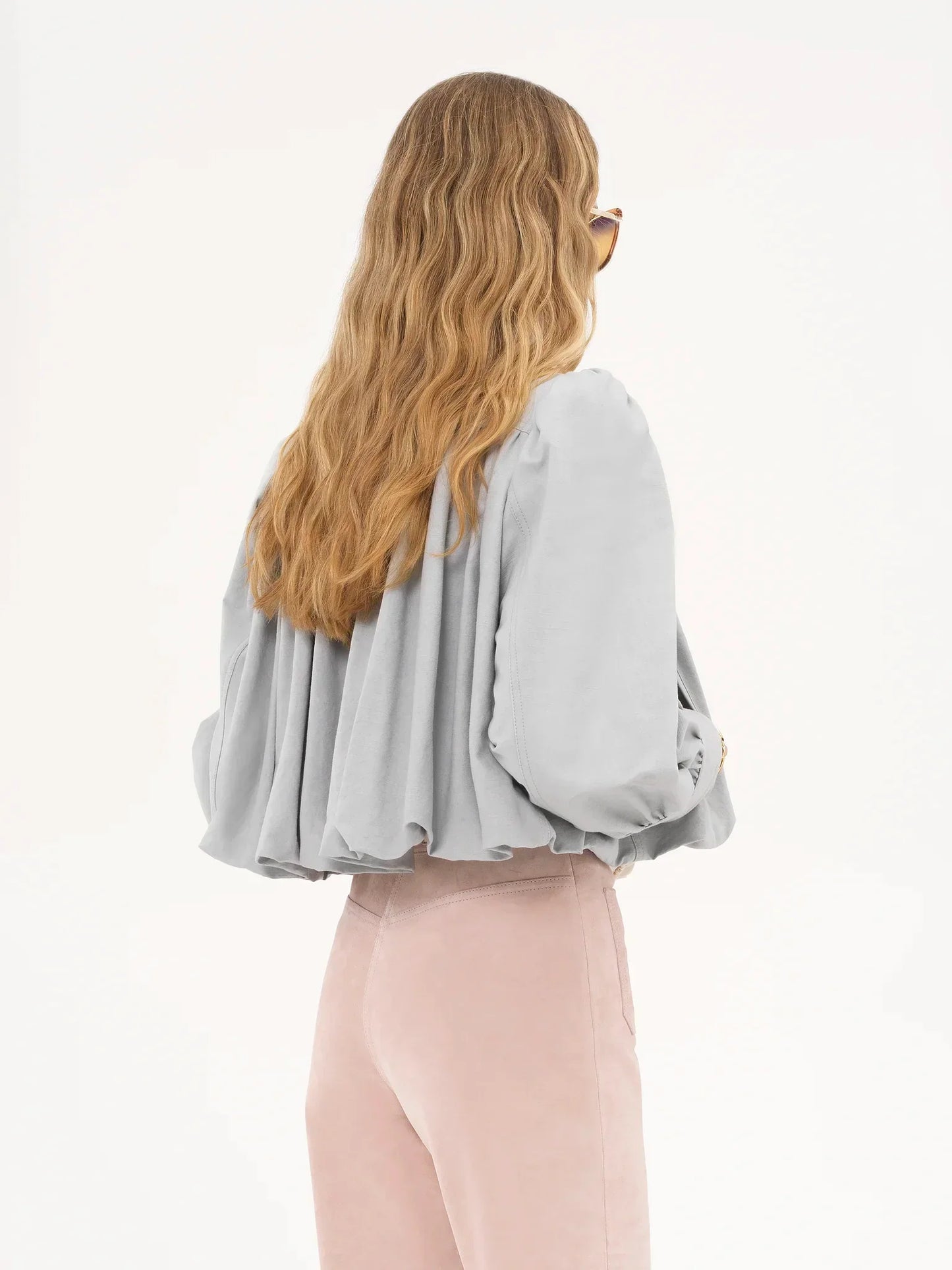 Damen Cropped Bomberjacke Puffärmel Knopfleiste