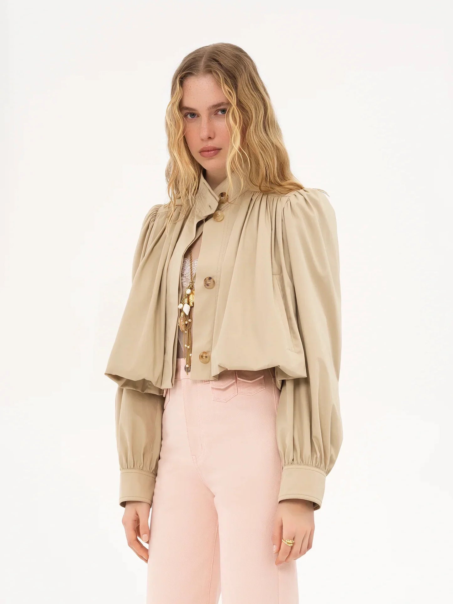 Damen Cropped Bomberjacke Puffärmel Knopfleiste
