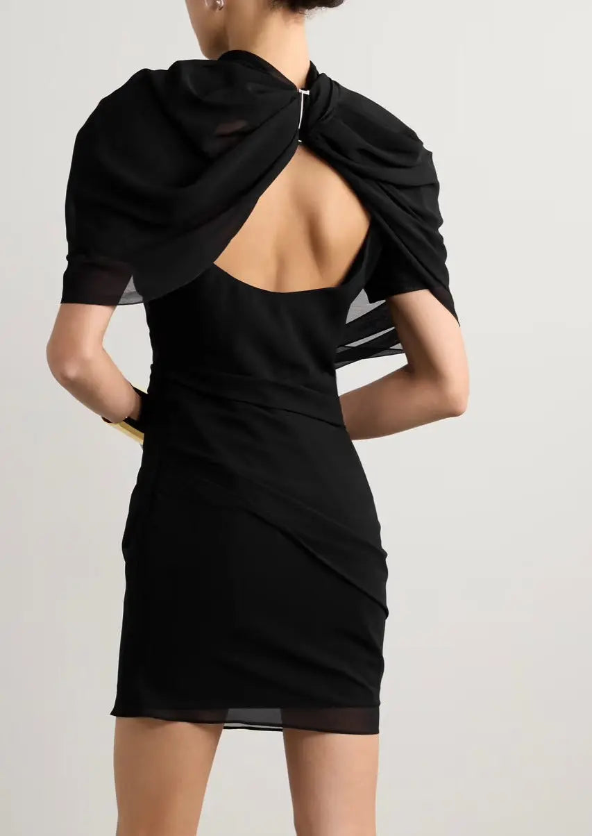 es Damen Minikleid Hohes Schulterteil Drapé Stil