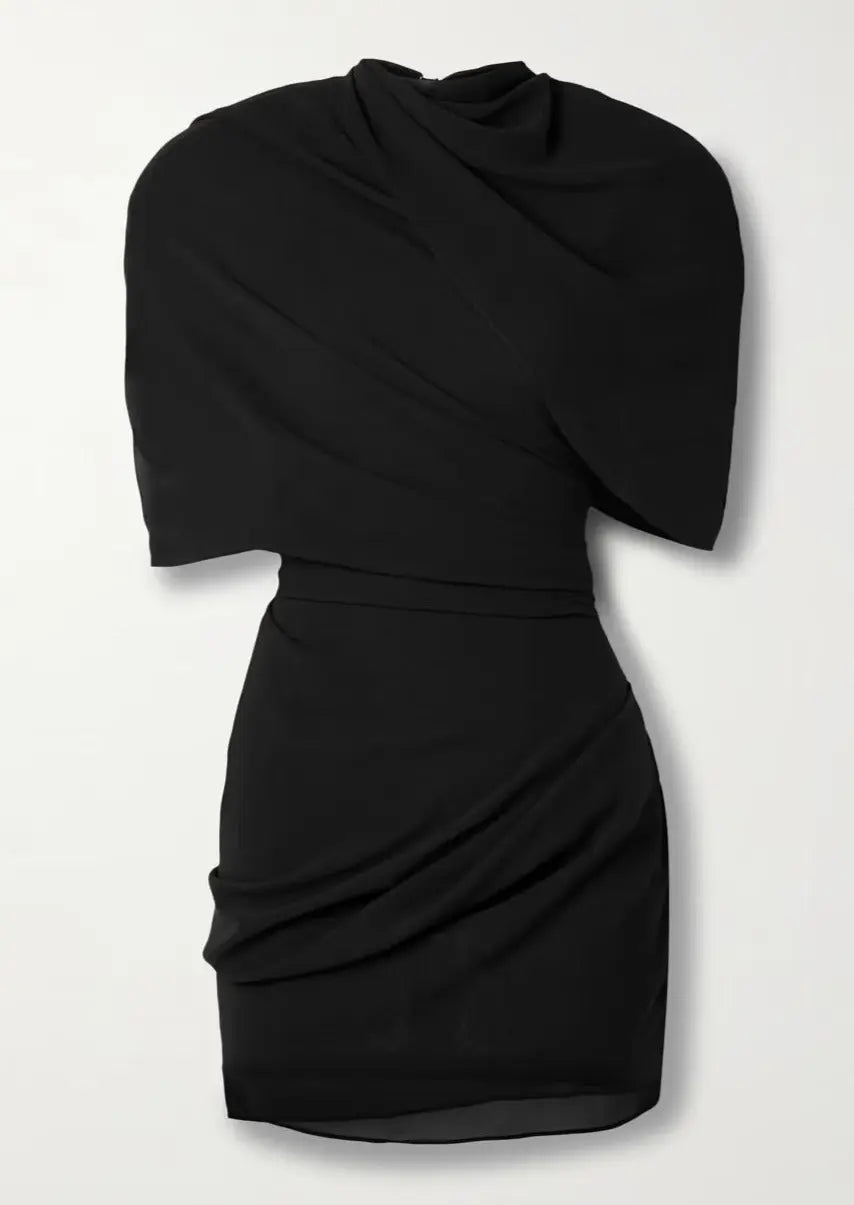 es Damen Minikleid Hohes Schulterdesign Drapé Stoff
