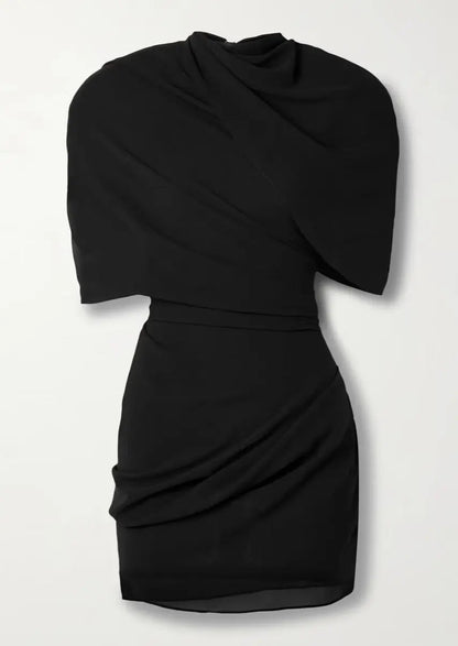 es Damen Minikleid Hohes Schulterdesign Drapé Stoff