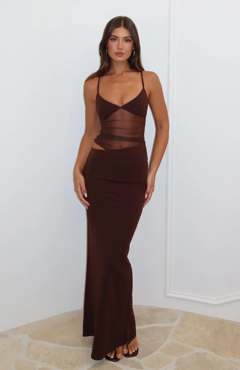 Averra Damen Maxikleid Mesh Cut-out V-Ausschnitt Eleganz