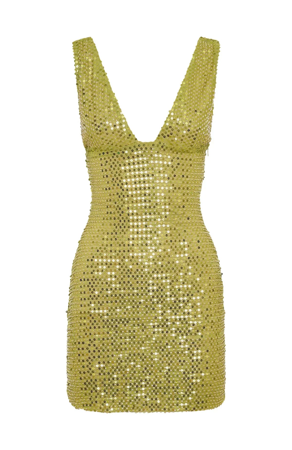Aureline Damen Minikleid Pailletten Goldgrün V-Ausschnitt