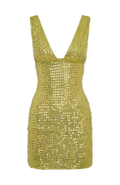 Aureline Damen Minikleid Pailletten Goldgrün V-Ausschnitt