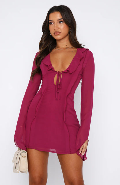 Norvielle Damen Minikleid Langärmlig Rüschen