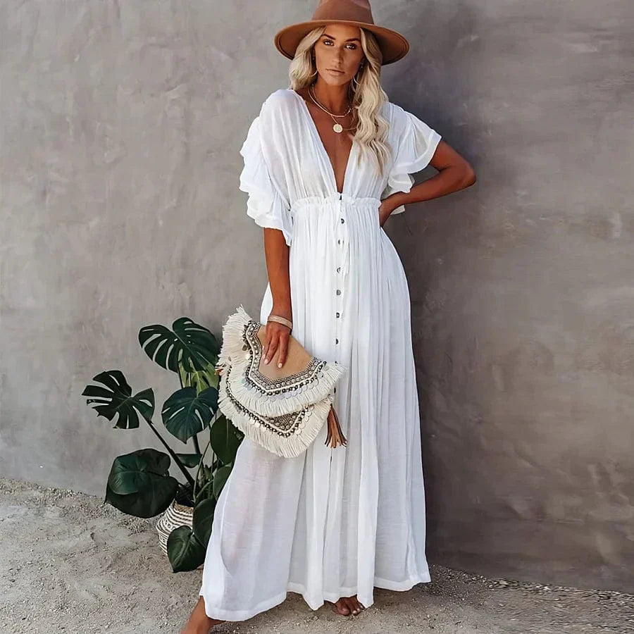 Norvielle Damen Strandkleid Weiß Lang