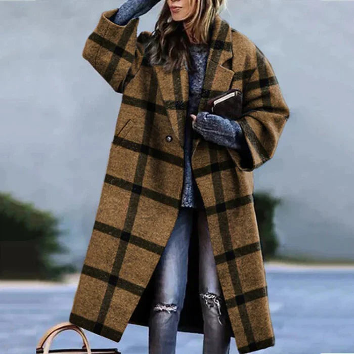 Damen Oversize Karomantel Langer Eleganter Wintermantel