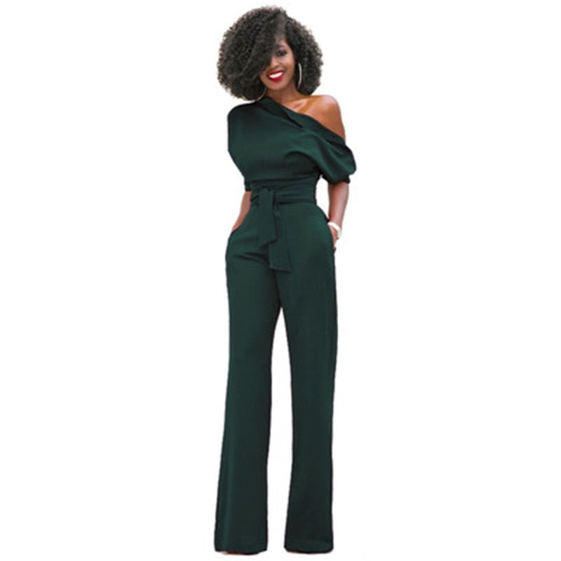 Damen Jumpsuit Ein-Schulter Weites Bein Mit Taillengürtel