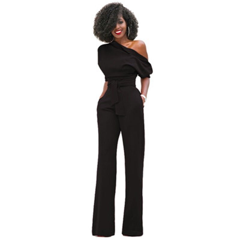 Damen Jumpsuit Ein-Schulter Weites Bein Mit Taillengürtel - Eveloria