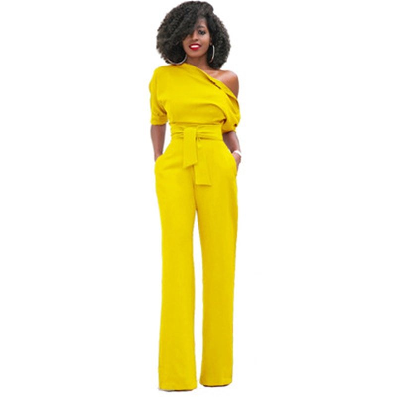 Damen Jumpsuit Ein-Schulter Weites Bein Mit Taillengürtel