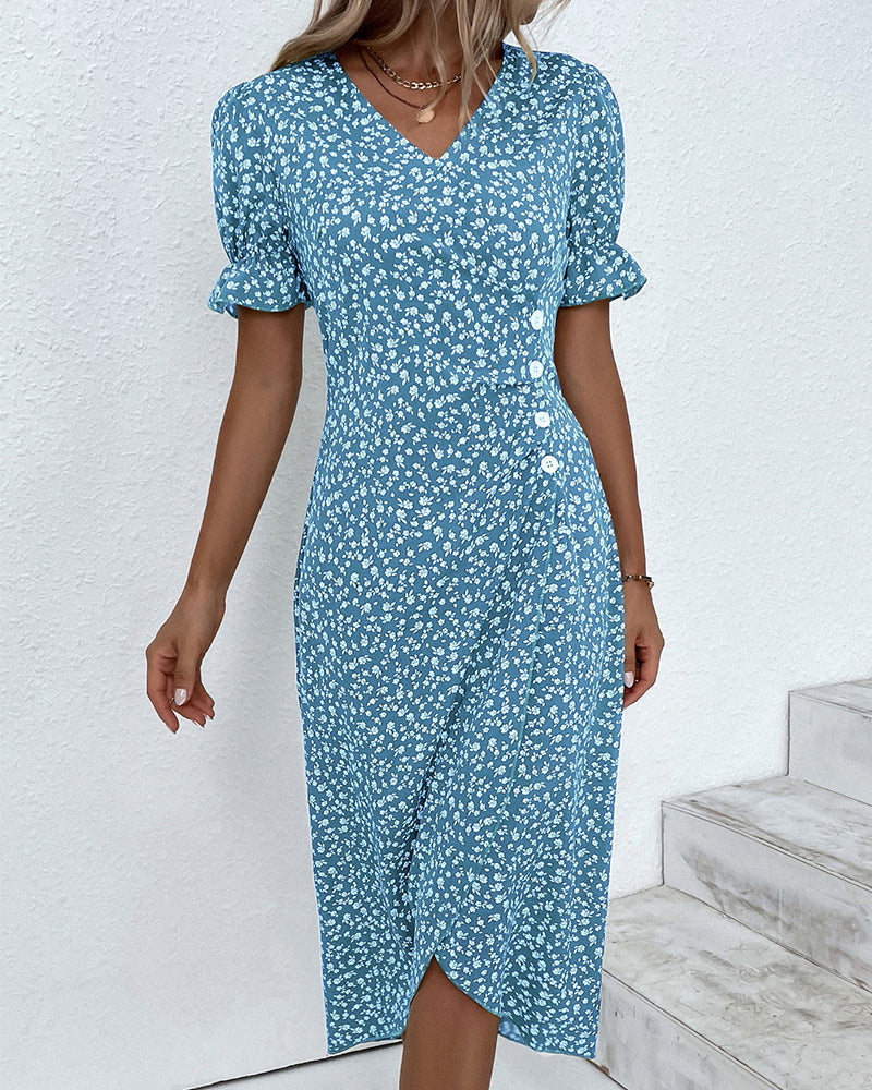 Damen Midikleid Blumenmuster V-Ausschnitt Wickelkleid