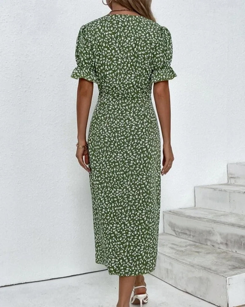 Damen Midikleid Blumenmuster V-Ausschnitt Wickelkleid