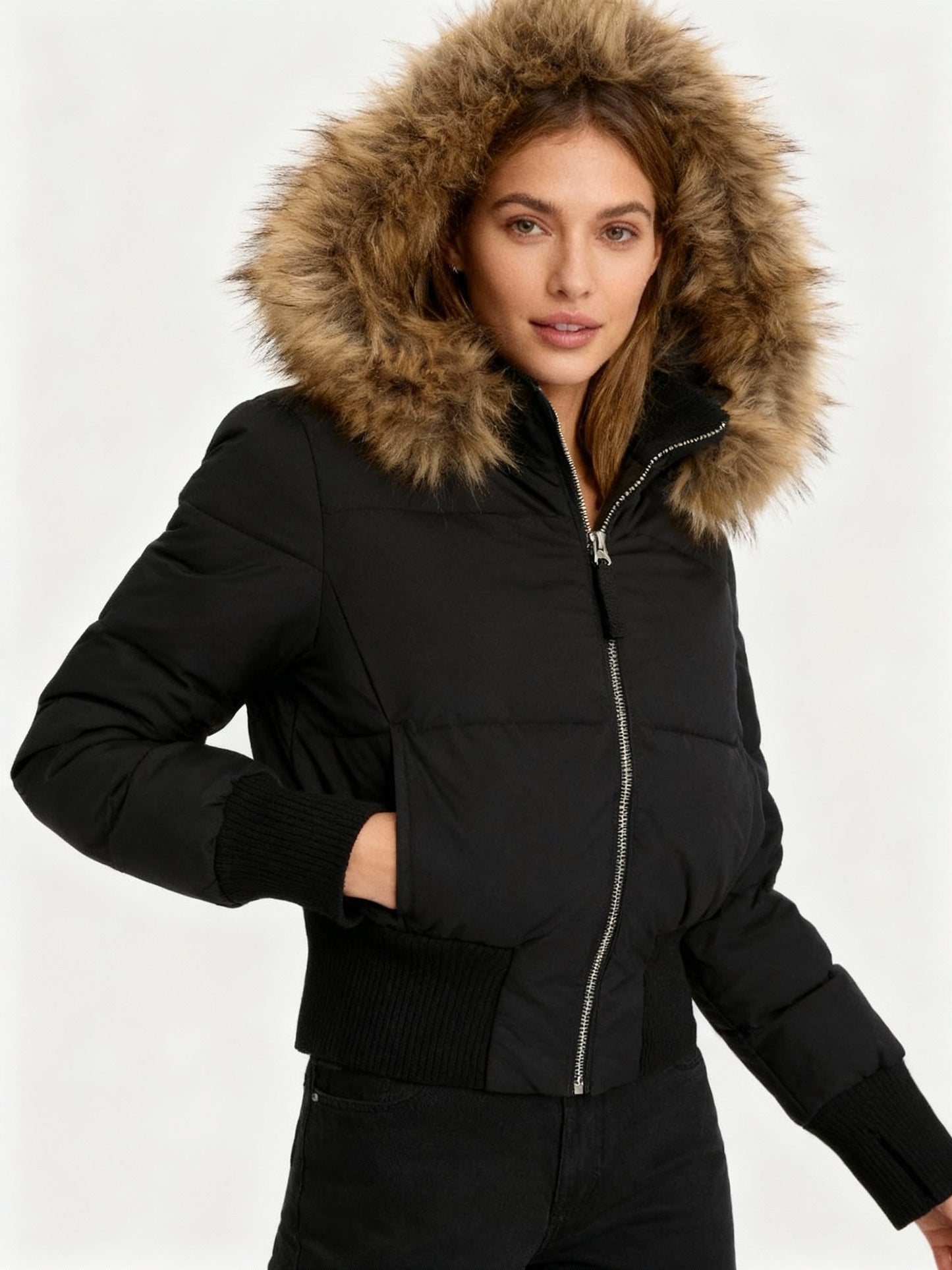 Damen Jacke Abnehmbare Kapuze Elastische Bündchen