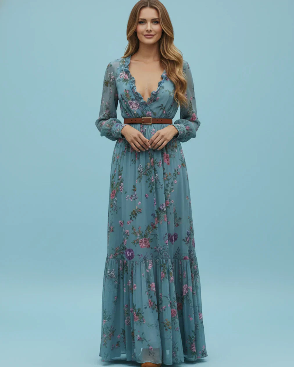 Damen Maxikleid Niedriger V-Ausschnitt Langarm Norvielle