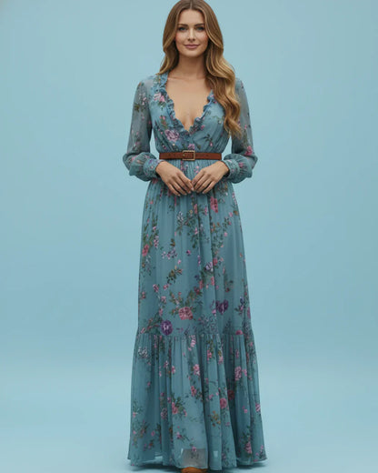 Damen Maxikleid Niedriger V-Ausschnitt Langarm Norvielle