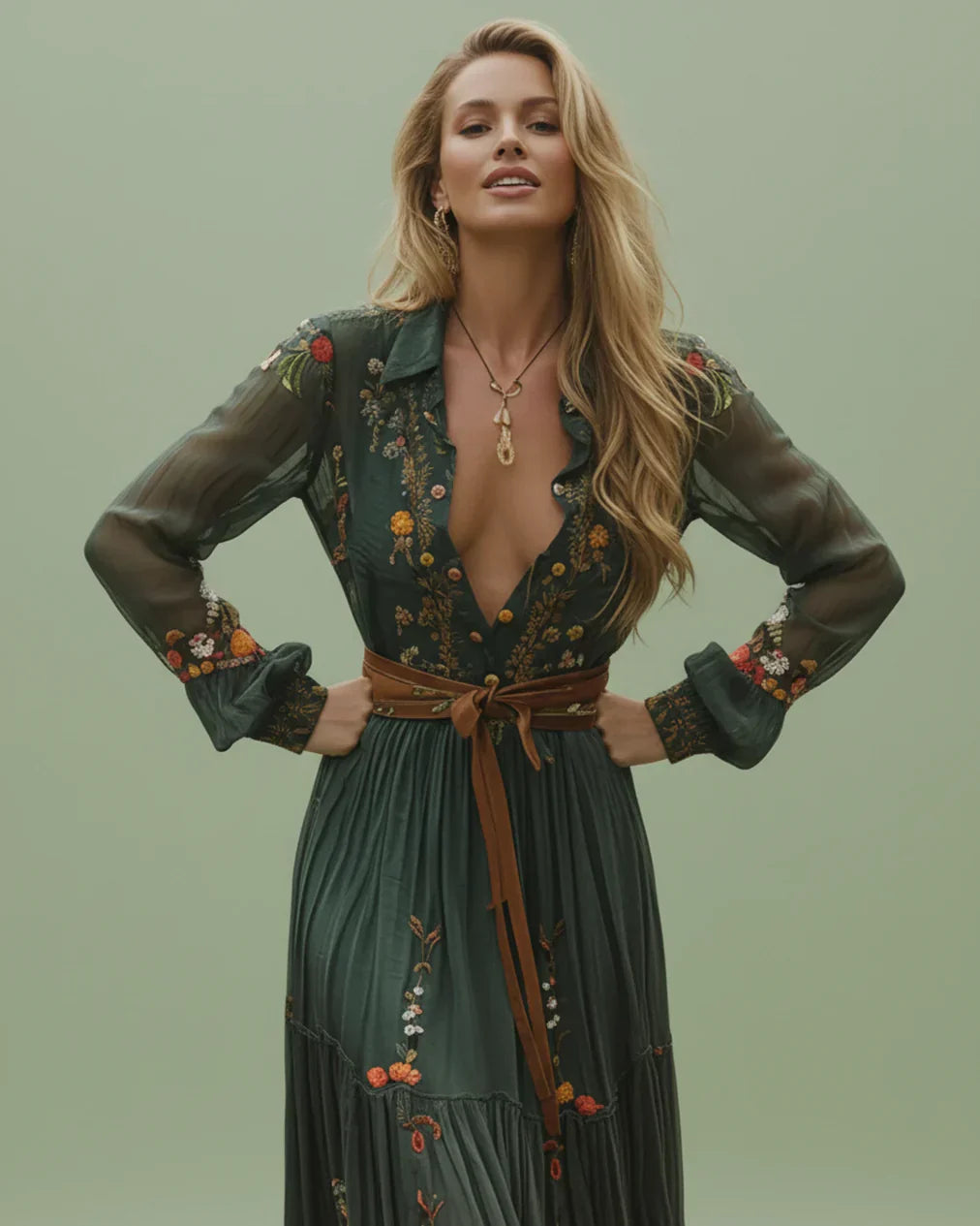 Damen Maxikleid Niedriger V-Ausschnitt Langarm Norvielle