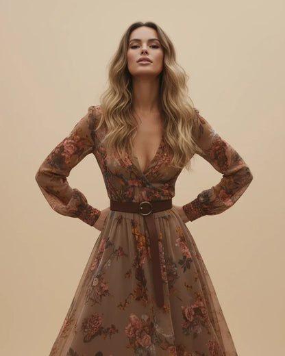 Damen Maxikleid Niedriger V-Ausschnitt Langarm Norvielle