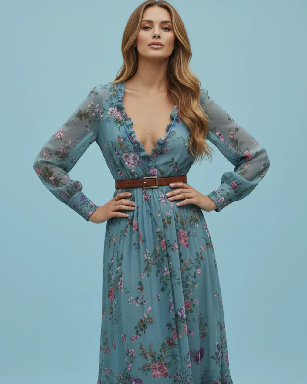 Damen Maxikleid Niedriger V-Ausschnitt Langarm Norvielle