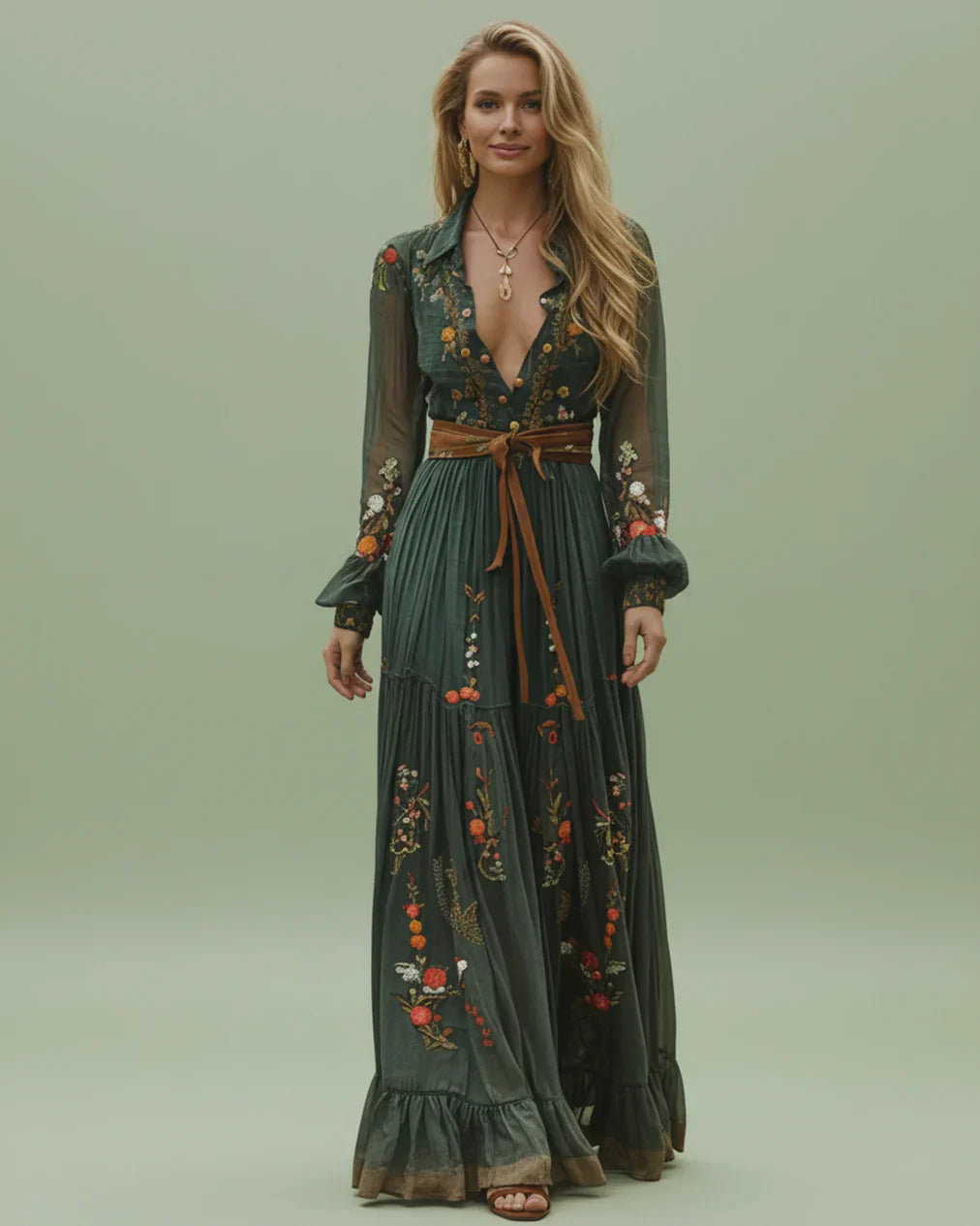 Damen Maxikleid Niedriger V-Ausschnitt Langarm Norvielle - Norvielle