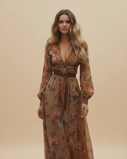 Damen Maxikleid Niedriger V-Ausschnitt Langarm Norvielle
