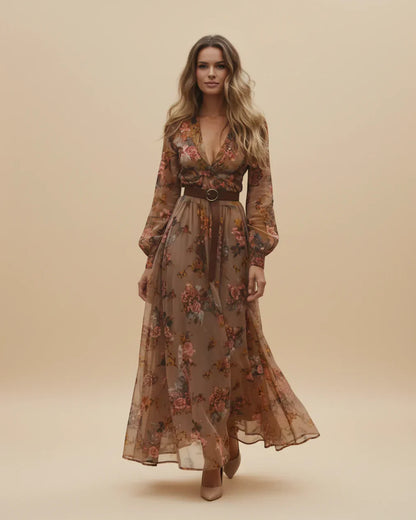 Damen Maxikleid Niedriger V-Ausschnitt Langarm Norvielle